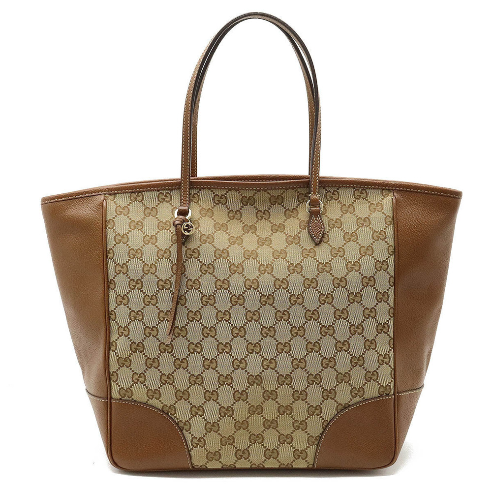 Gucci GG Canvas Tote Bag Shoulder Strap Leather Beige Brown Cream Brown